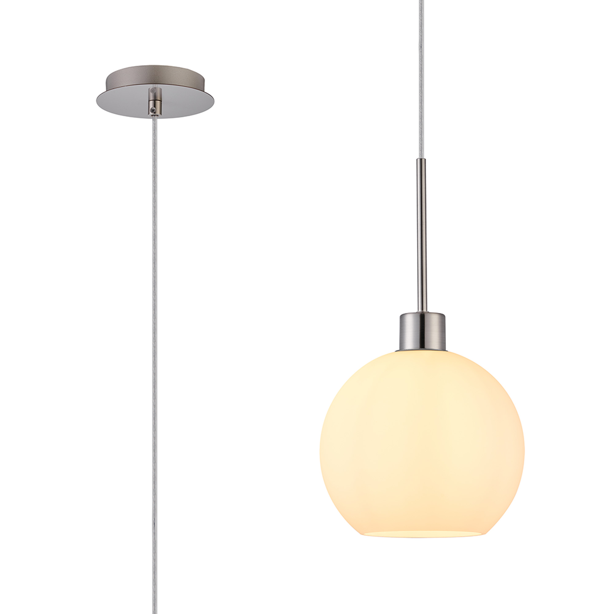 DK1355  Lori 1.7m Single Pendant, 1 Light Adjustable E27, Satin Nickel/Opal Open Mouth Round Globe Shades